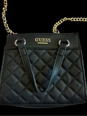 Mini GUESS Black Quilted Chain-Handle Crossbody Bag